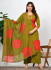 Stylish Flower Print Kurta Pant Dupatta Cotton set