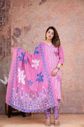 Stylish Mogra Lining Print Kurta Pant Dupatta Cotton set