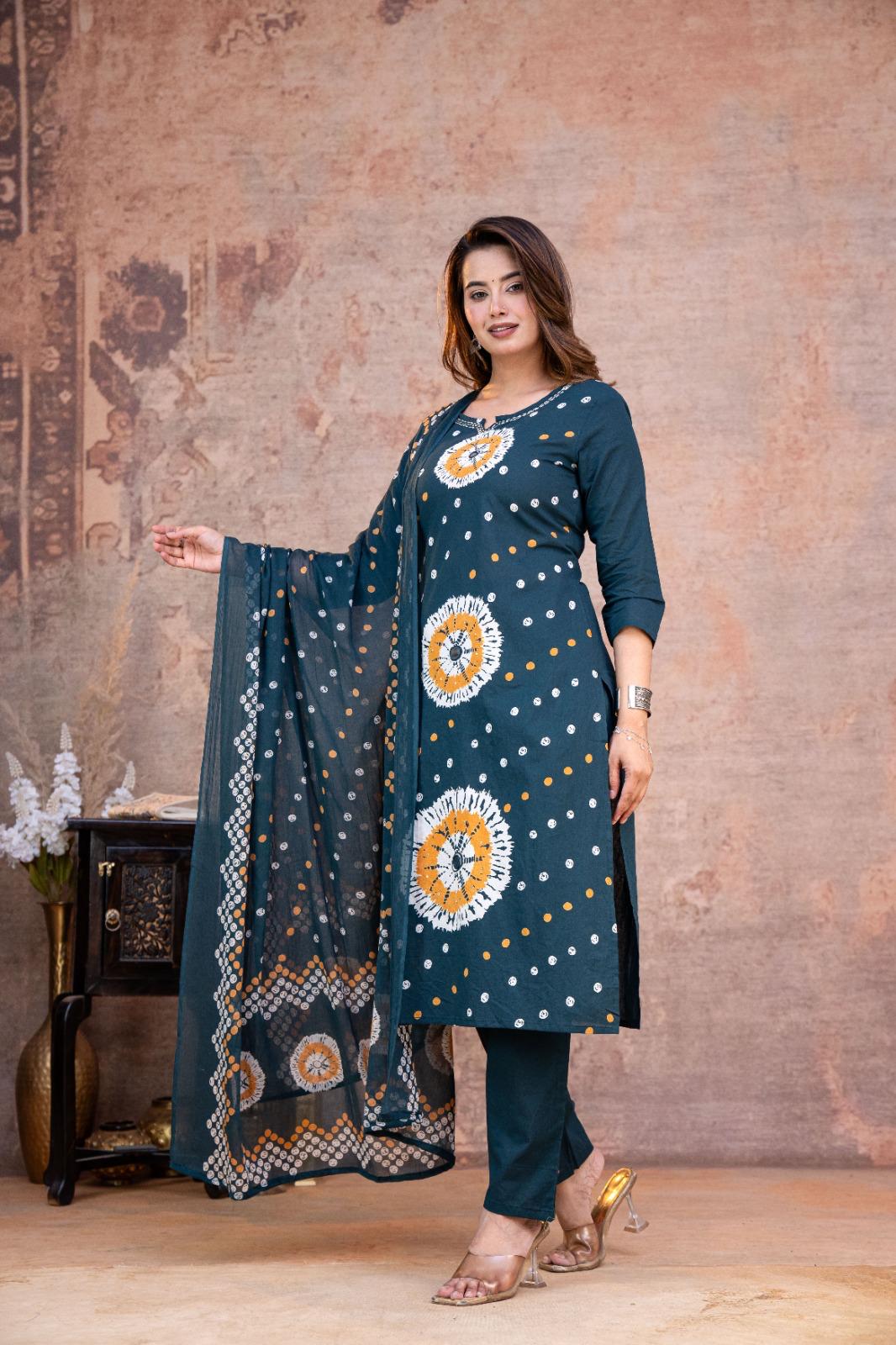 Stylish Bandhej Print  Kurta Pant Dupatta Cotton set