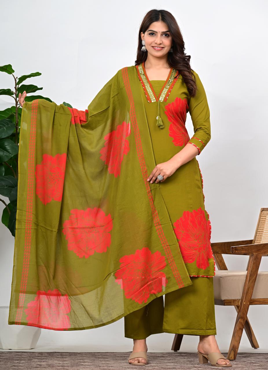 Stylish Flower Print  Kurta Pant Dupatta Cotton set