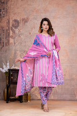 Stylish Mogra Lining Print  Kurta Pant Dupatta Cotton set