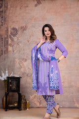 Stylish Mogra Lining Print  Kurta Pant Dupatta Cotton set