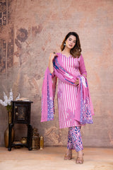 Stylish Mogra Lining Print  Kurta Pant Dupatta Cotton set