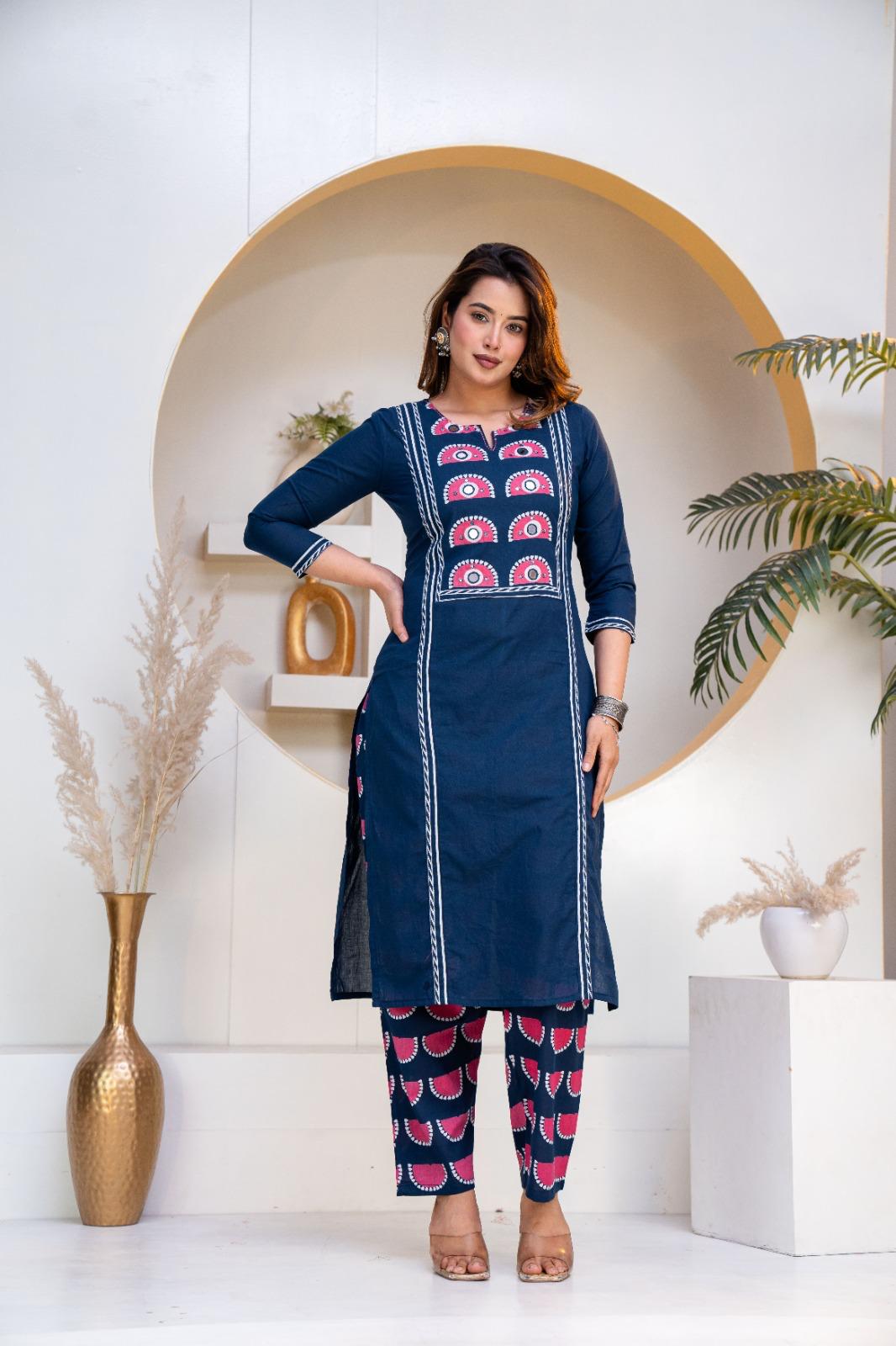 Stylish Round Heart  Kurta Pant Dupatta Cotton set