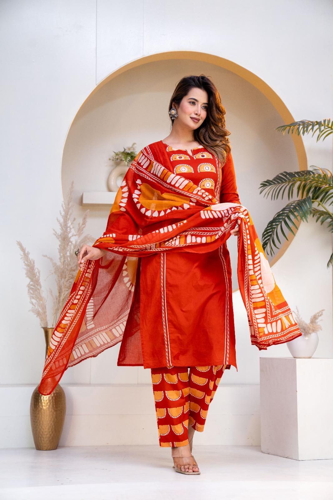 Stylish Round Heart  Kurta Pant Dupatta Cotton set