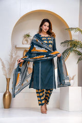 Stylish Round Heart  Kurta Pant Dupatta Cotton set