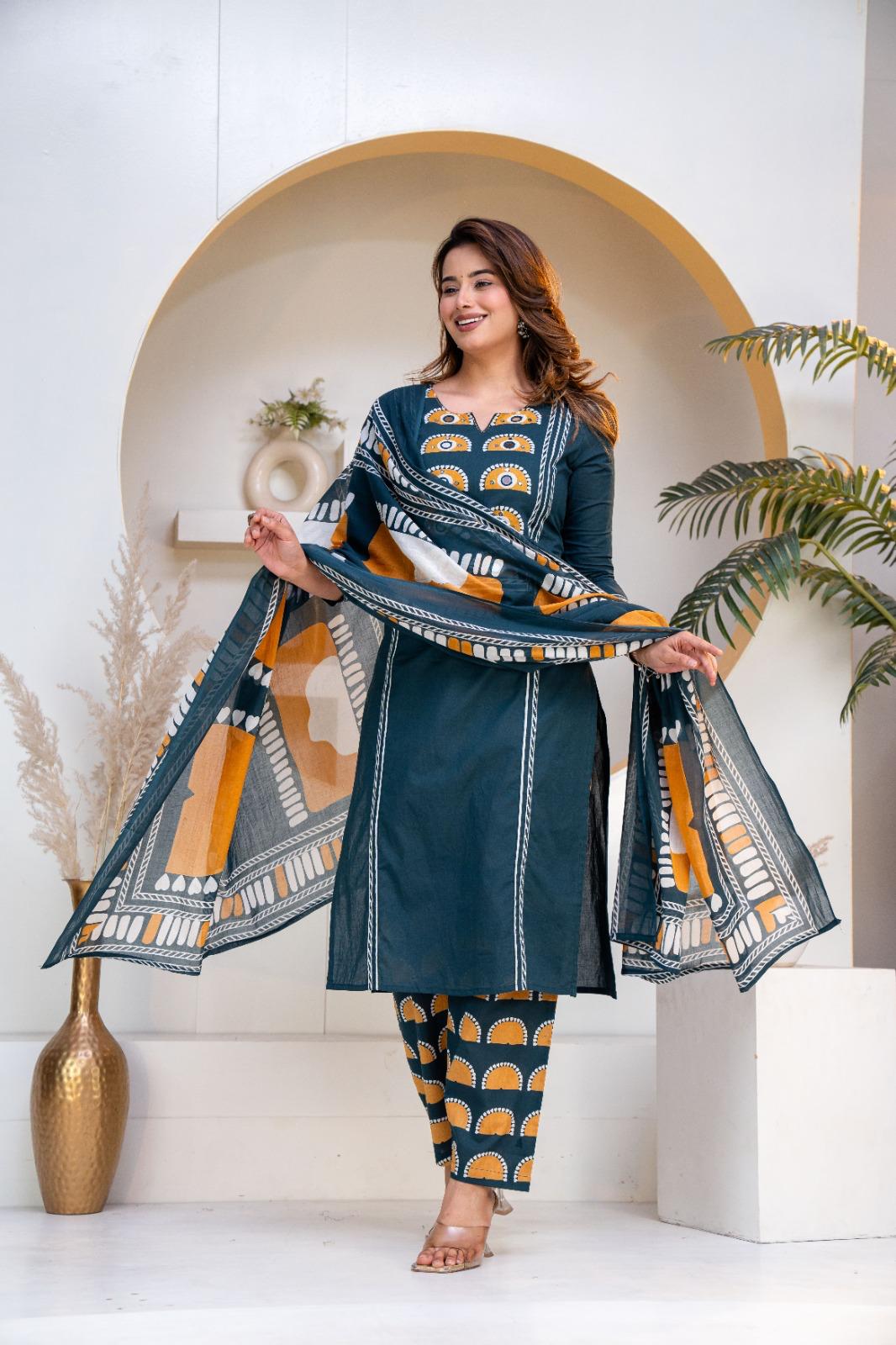 Stylish Round Heart  Kurta Pant Dupatta Cotton set