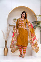 Stylish Round Heart  Kurta Pant Dupatta Cotton set