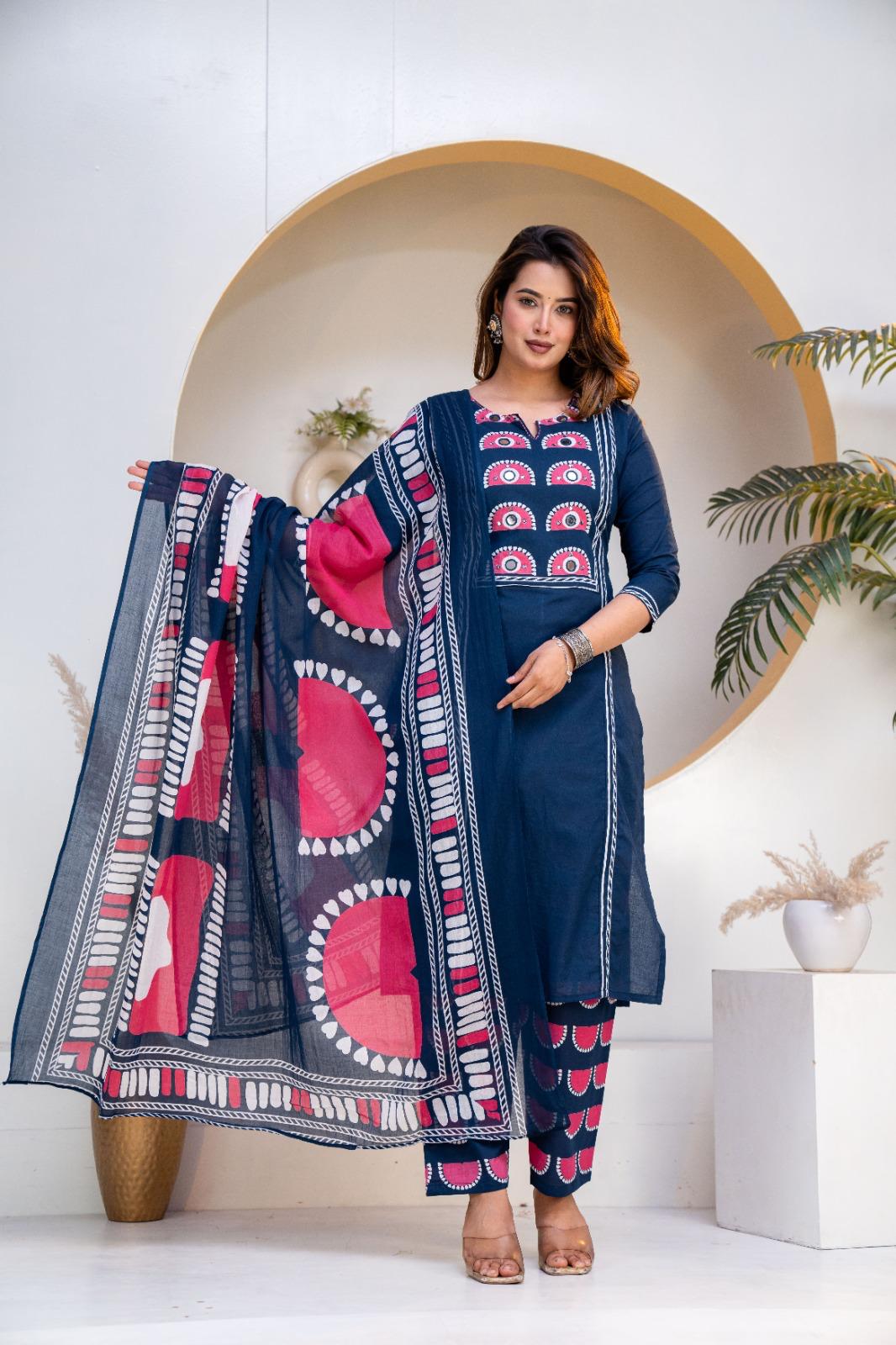 Stylish Round Heart  Kurta Pant Dupatta Cotton set