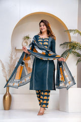 Stylish Round Heart  Kurta Pant Dupatta Cotton set