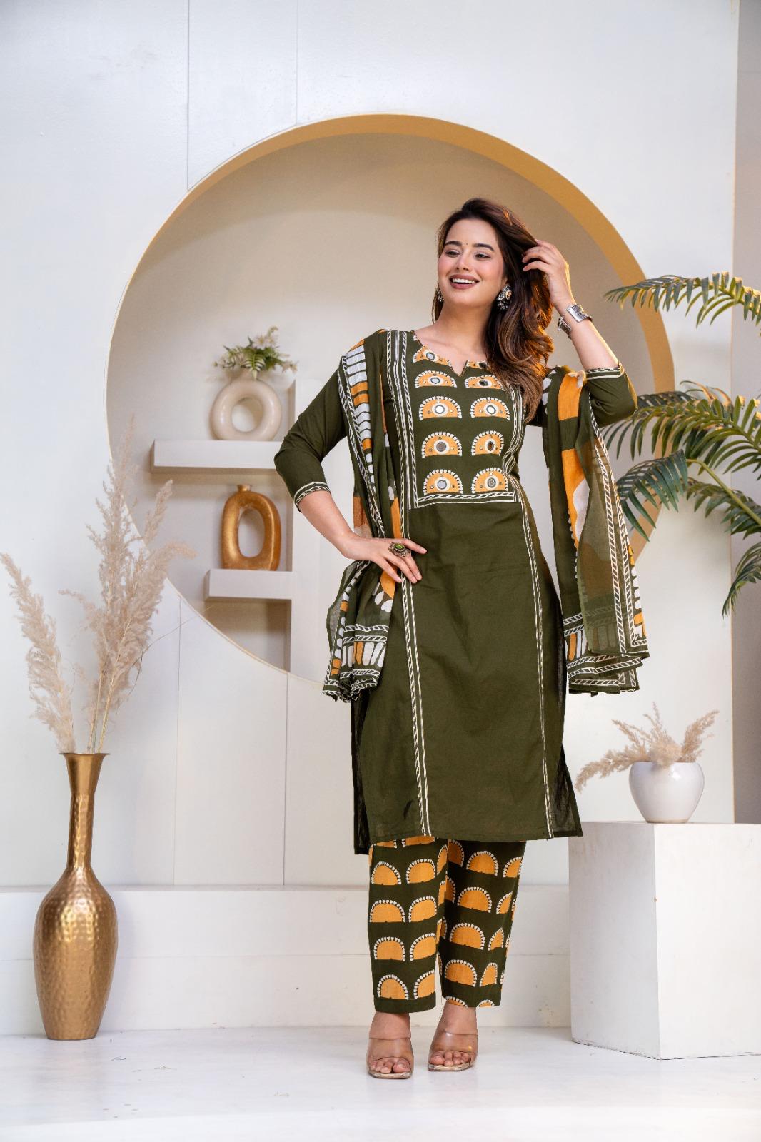 Stylish Round Heart  Kurta Pant Dupatta Cotton set