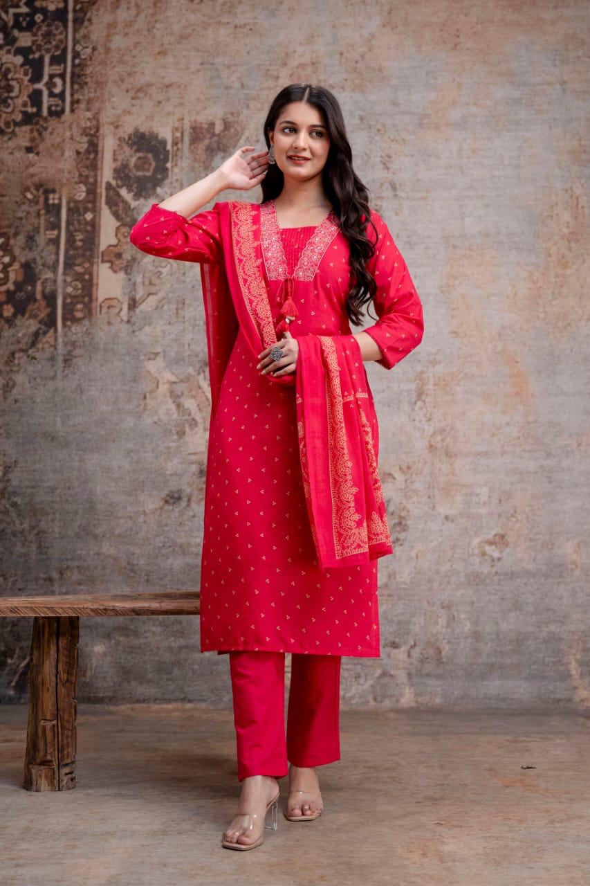 Stylish Butterfly Print  Kurta Pant Dupatta Cotton set