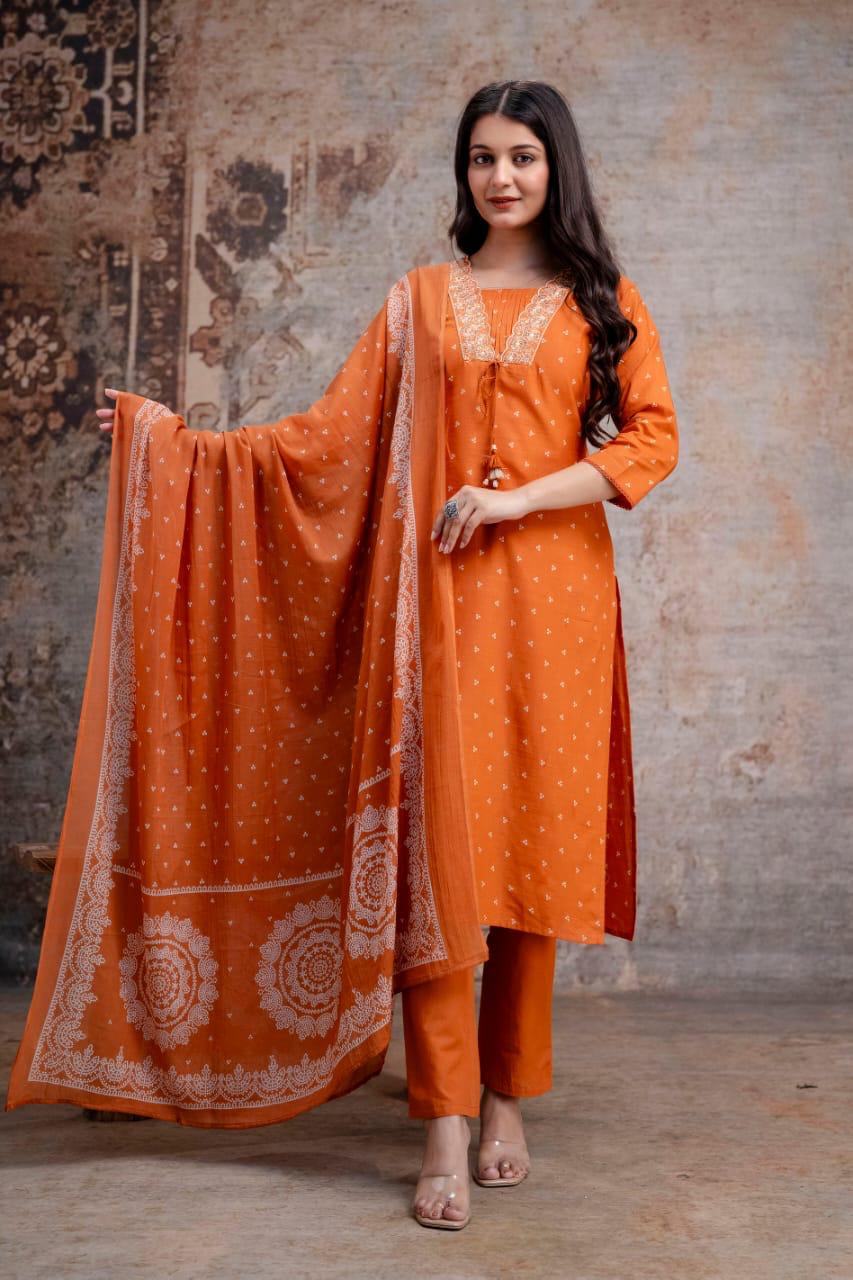 Stylish Butterfly Print  Kurta Pant Dupatta Cotton set