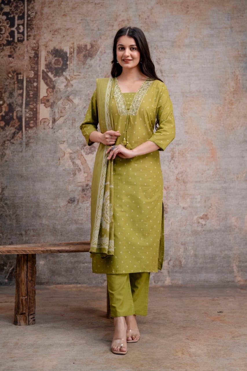 Stylish Butterfly Print  Kurta Pant Dupatta Cotton set